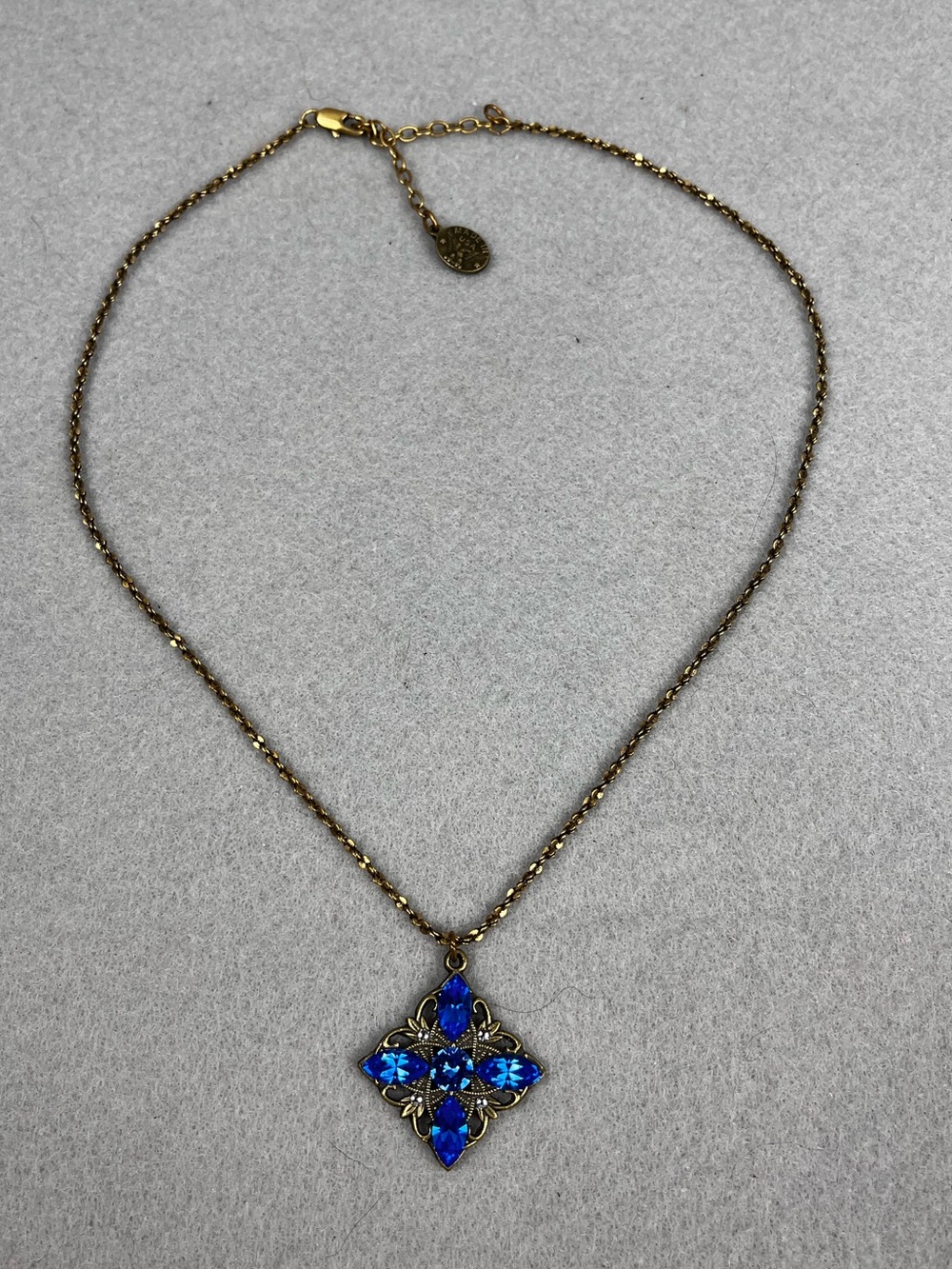 Rare Vintage Anne Koplik Brass Necklace Romantic Royal Blue Pendant 16”-18" USA - Picture 4 of 6